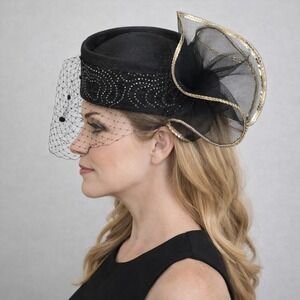 Juan Ell Vintage Black Pillbox Hat Birdcage Veil Sequin Bow Church Wedding Derby